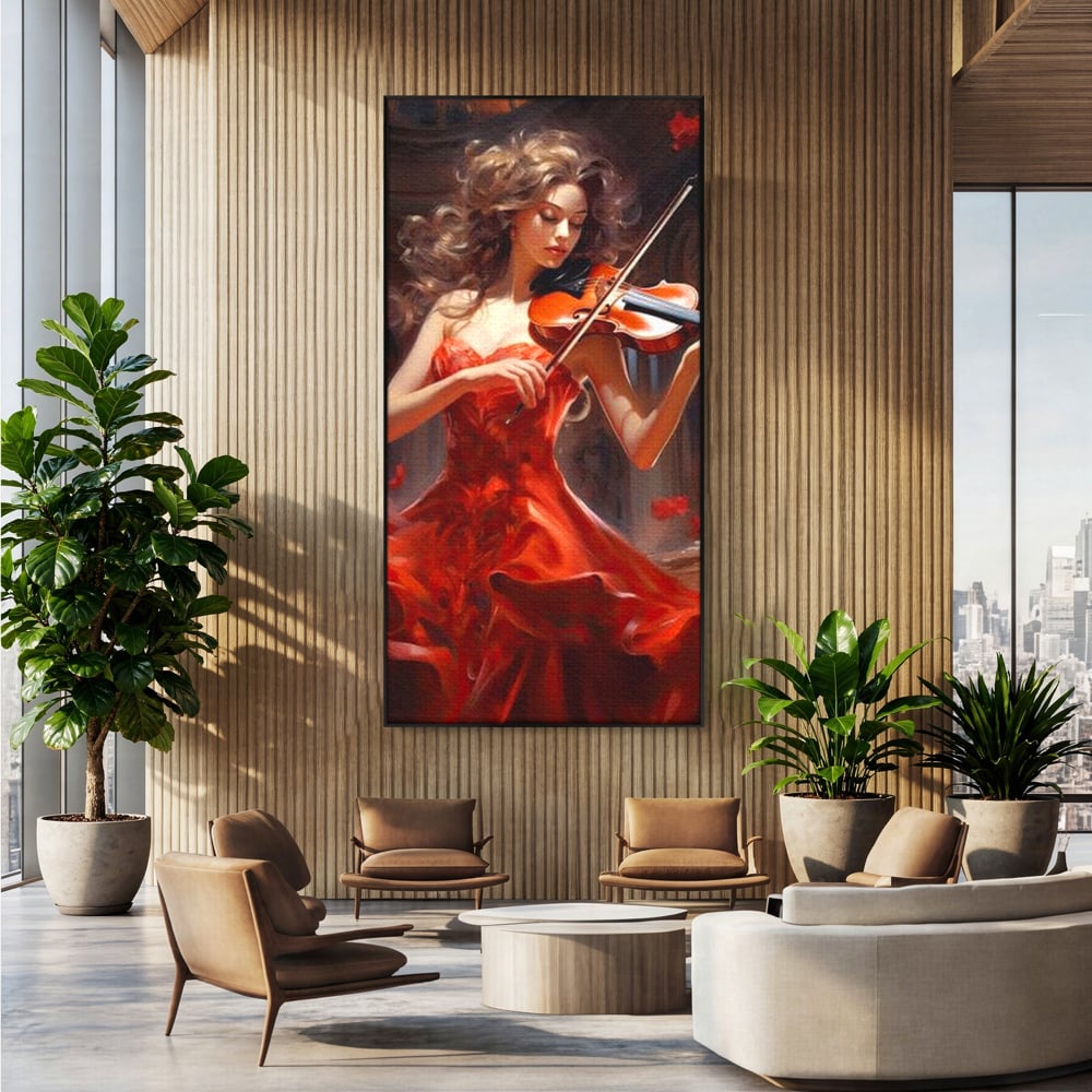 Tablou canvas cu tablou canvas cu femeie violonista, in rama de aluminiu negru, pe perete intr-un birou